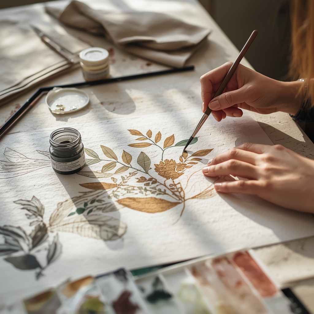 Hand-painting fabric in the studio